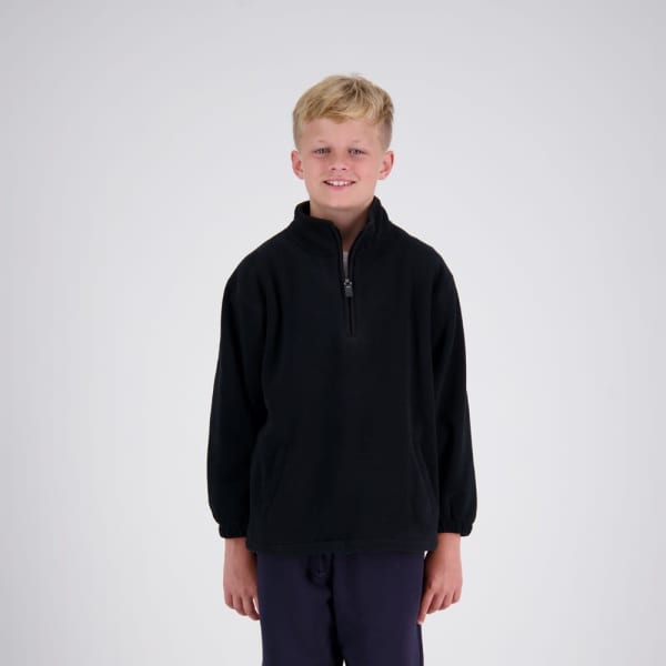A black microfleece jacket for kids featuring a half-zip design and long sleeves. It has a logo on the chest.