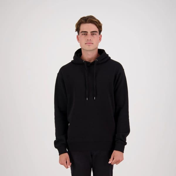 A black hoodie with a drawstring hood, featuring a logo and no pockets.