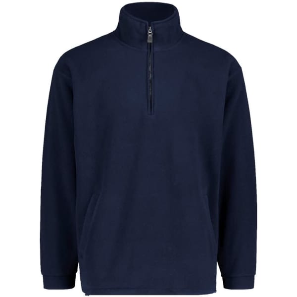 A navy microfleece half zip top featuring a front zip and side pockets, with a small logo on it.