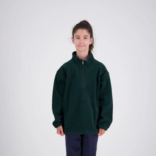 A green microfleece half zip top for kids, featuring a high collar and long sleeves. It has a logo on the garment.