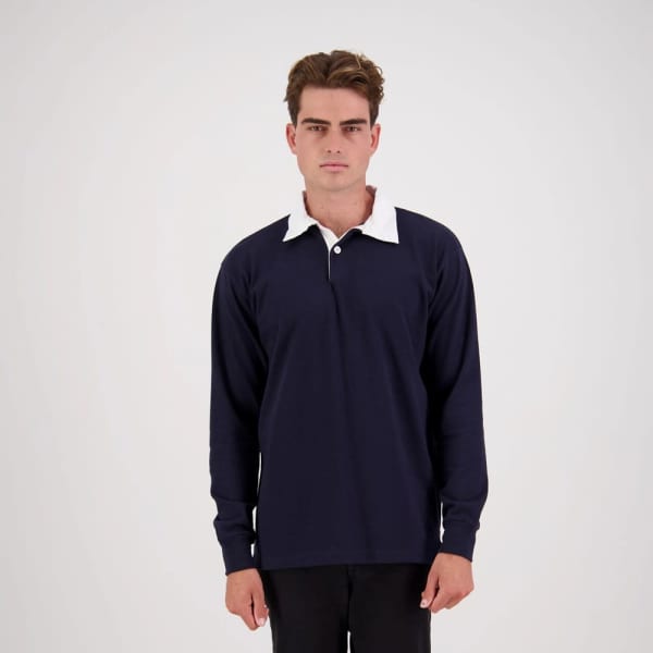 A classic rugby jersey in navy blue with a white collar, featuring a logo on the chest.