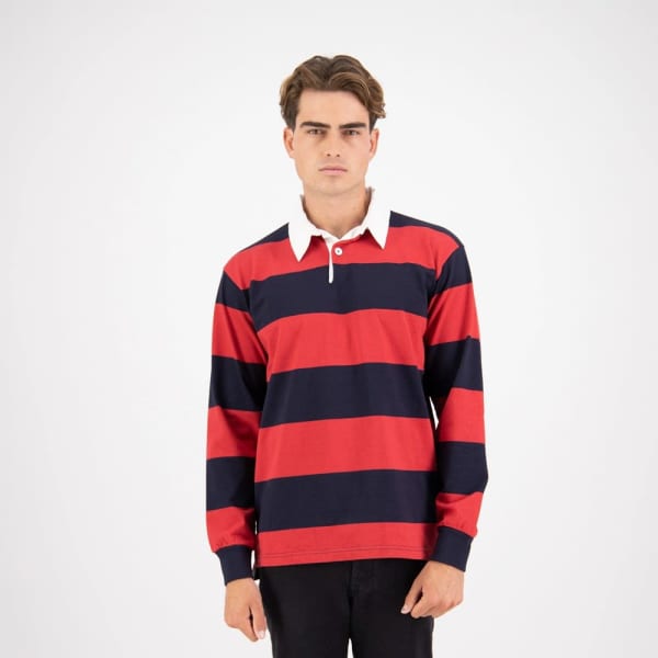 A striped rugby jersey featuring red and navy stripes with a white collar, displayed on a male model.