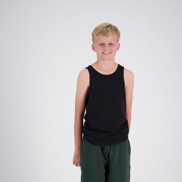 A black kids' singlet displayed on a smiling child, paired with green pants, featuring a branding logo.