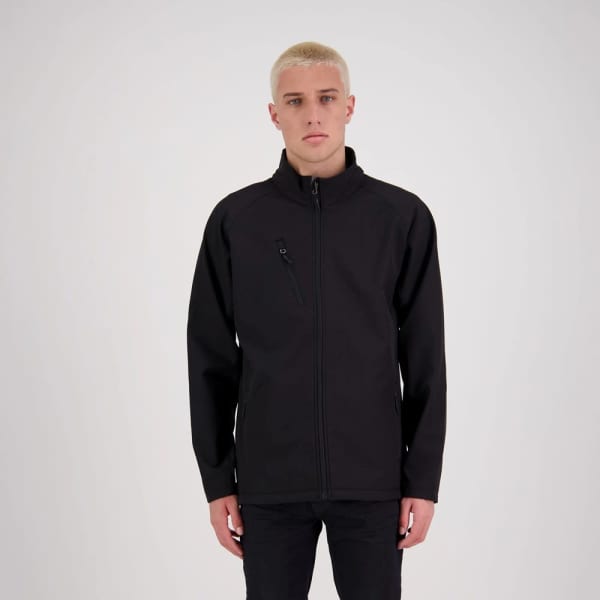 A black men's softshell jacket featuring a zip front and a logo on the chest.