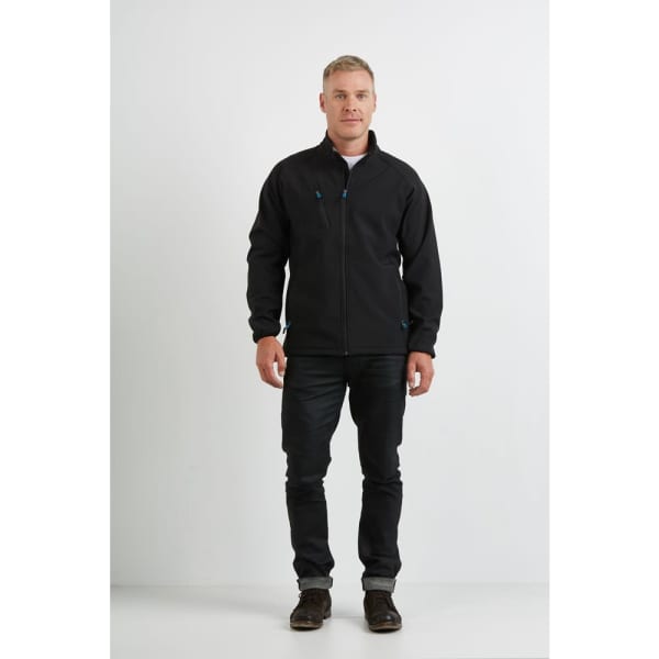 A man models a black soft shell jacket with contrast zip pulls, featuring a logo.