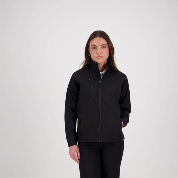 A women's black softshell jacket with a zip front and pockets, featuring a logo on the chest.