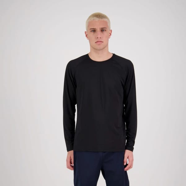 A long-sleeve black T-shirt displayed on a model against a plain background. It features a logo on the front.