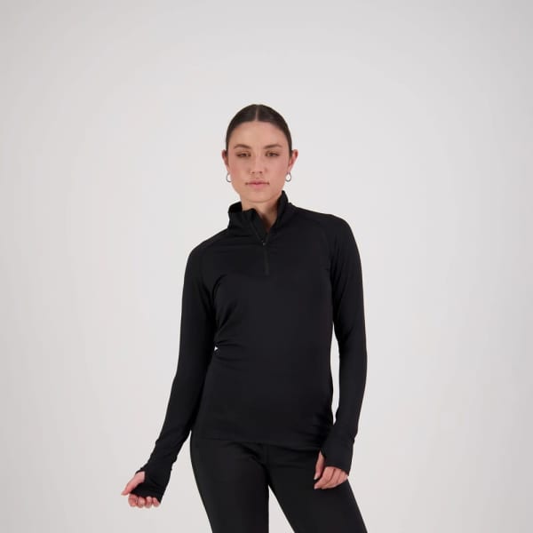 A black women's quarter zip shirt featuring long sleeves and a subtle logo.