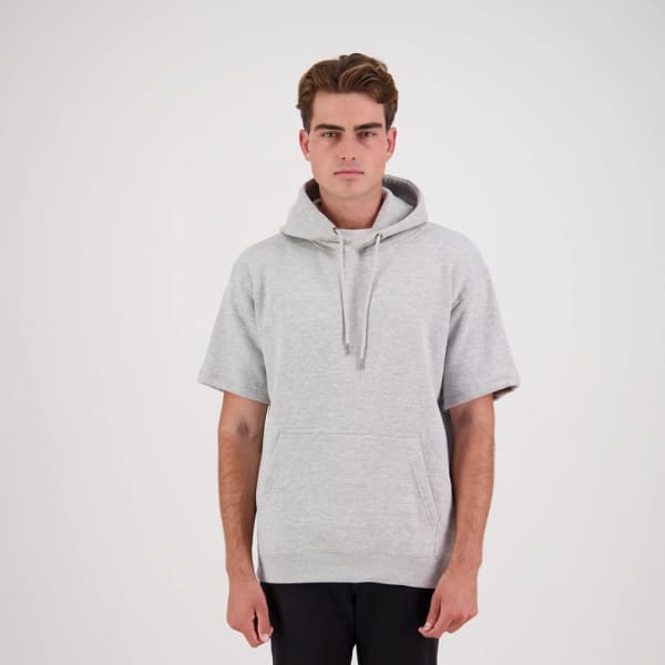 A grey short-sleeved hoodie with a spacious hood and a relaxed fit. It features a simple design and includes branding.