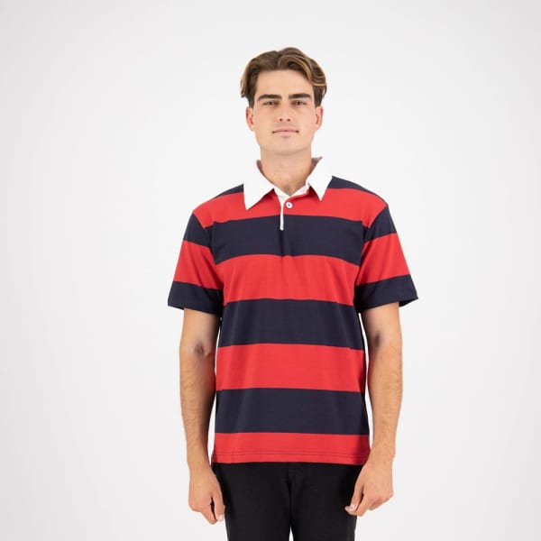 A short-sleeved striped rugby jersey in red and navy, featuring a white collar and a logo.