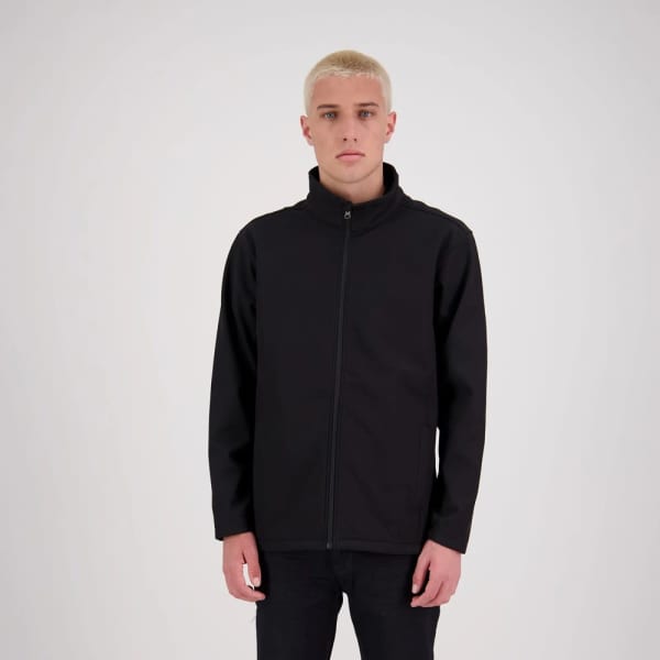 A black softshell jacket for men with a zip closure and a stand-up collar, features a logo.
