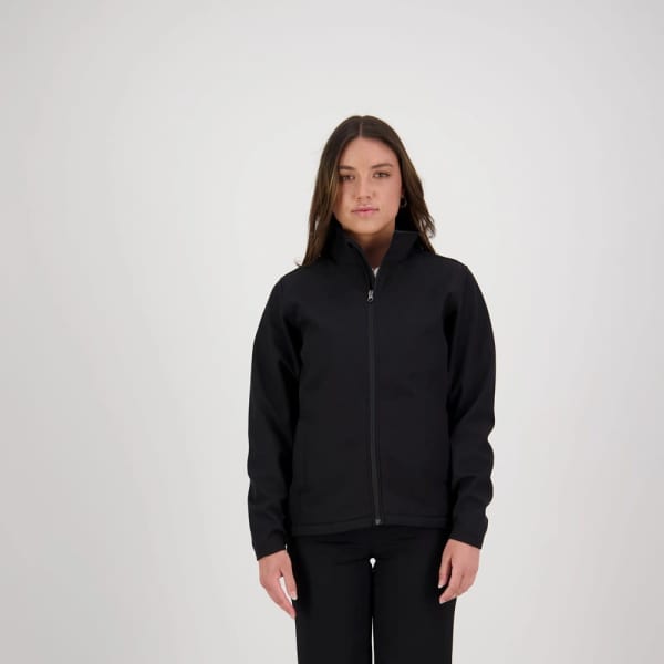 A black women's softshell jacket with a front zipper and a fitted design, worn by a model against a plain background.
