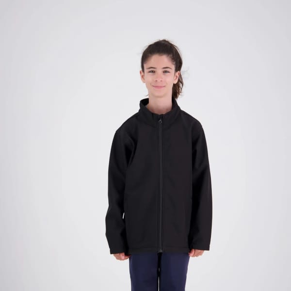 A child wearing a black softshell jacket with a zip front, featuring a plain design and a logo.