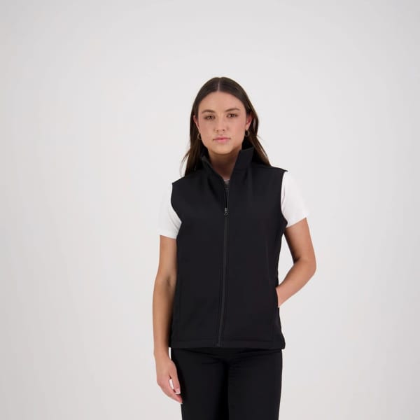 A black softshell vest for women, featuring a zip front and a stand-up collar. Includes a logo.