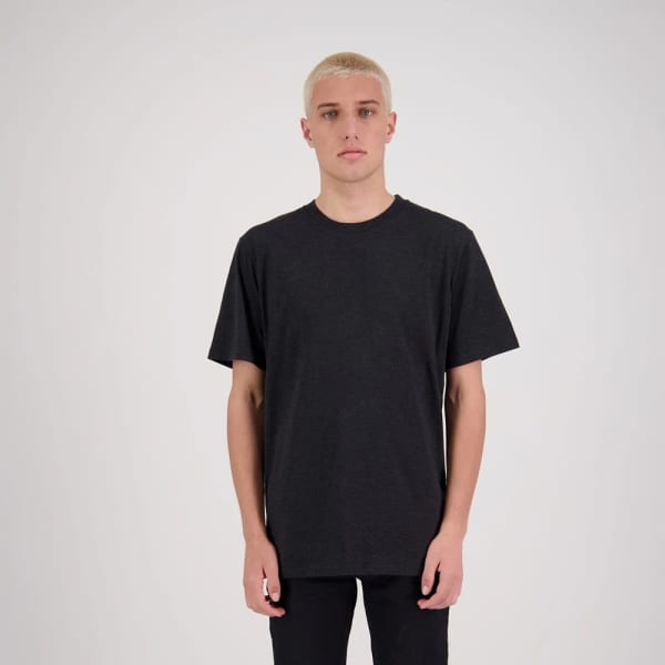 A grey men's t-shirt with a relaxed fit, featuring a simple design and a logo.