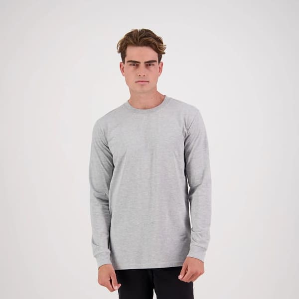 A long-sleeved men's t-shirt in light grey, featuring a simple design and a logo.