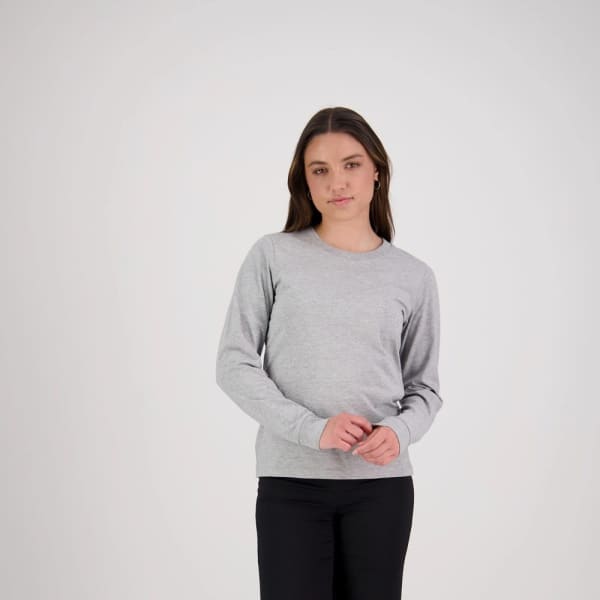 A grey long-sleeve t-shirt for women, featuring a simple design and a logo on the fabric.