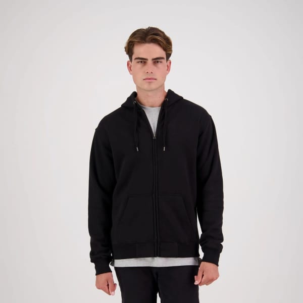 A black zip-up hoodie for men with a hood, featuring a simple design and a logo.