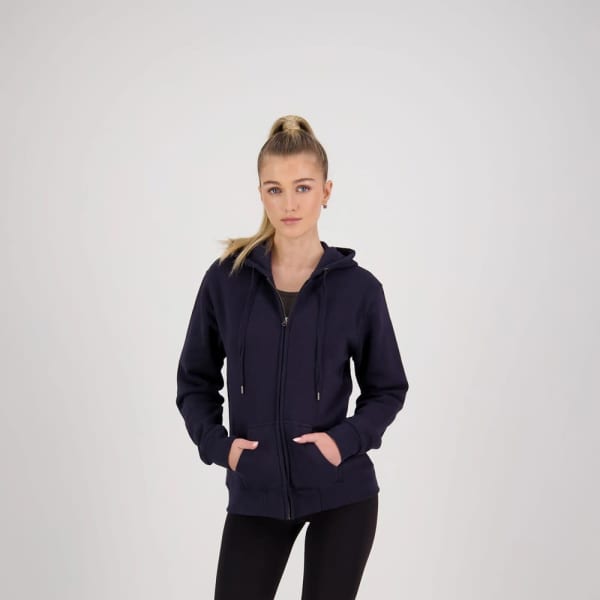 A navy women's hoodie with a zipper and pockets, featuring a hood. The model stands in a neutral background.