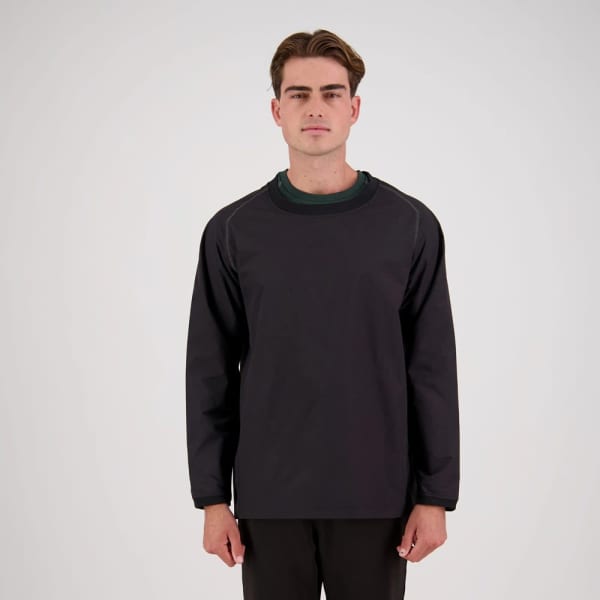 A black sports jumper with a green inner layer and a subtle logo on the chest.