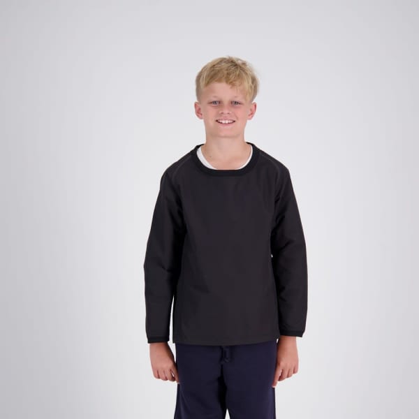A black long-sleeve training top for kids, featuring a simple design and a logo. Suitable for sports activities.