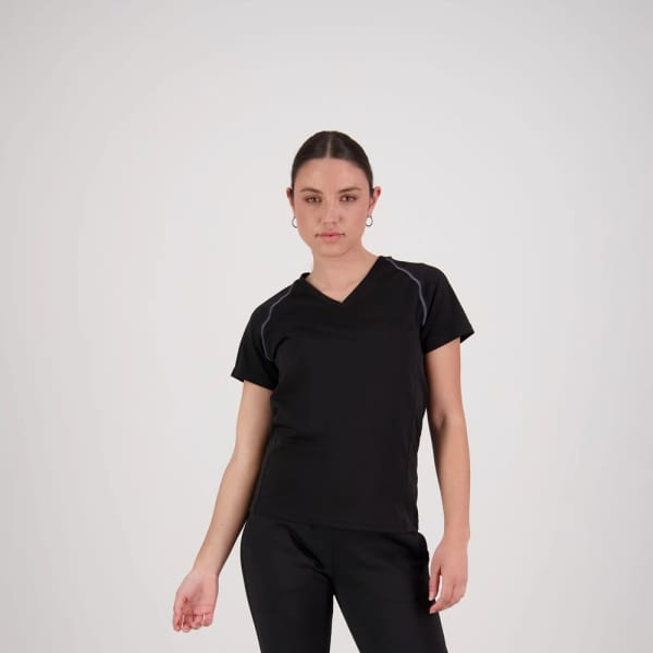 A women's black performance T-shirt with a V-neck and contrasting seams, featuring a logo on the chest.
