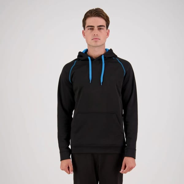 A black pullover hoodie featuring blue accents and a front pocket, displayed by a model.