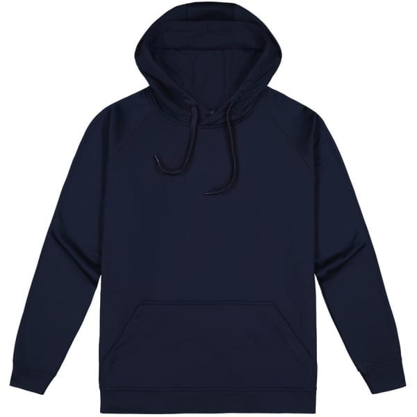 A navy pullover hoodie with a drawstring hood and a front pocket. Features a logo on the garment.