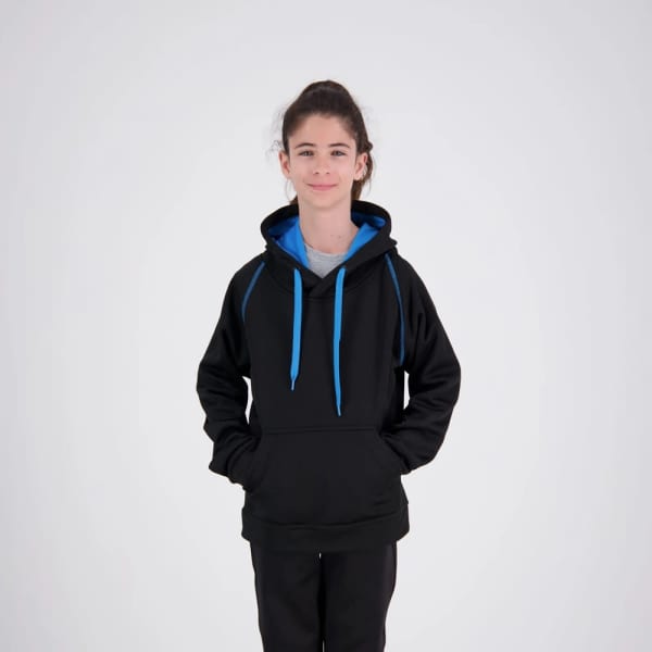 A black hooded jumper with blue drawstrings, featuring a solid colour design and a logo.