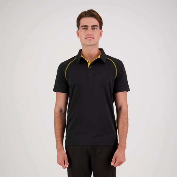 A black men's polo shirt with yellow accents, featuring a collar and a branding logo.