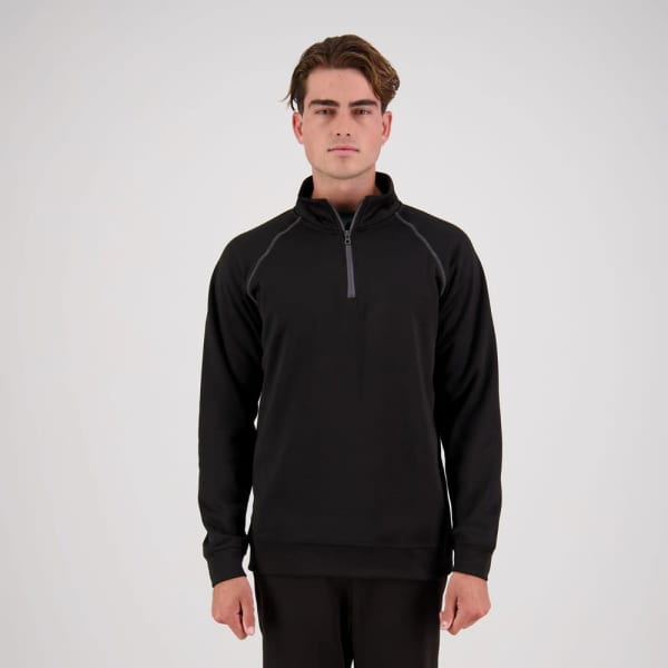 A black long-sleeve zip-up top featuring contrast stitching, designed for workwear. It has a branding logo on it.