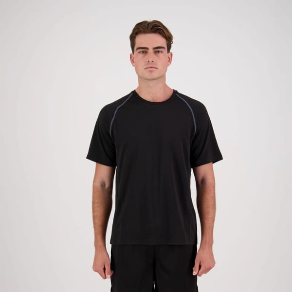 A black XT Performance Tee with contrasting blue stitching, designed in plus sizes. Features a logo on the chest.