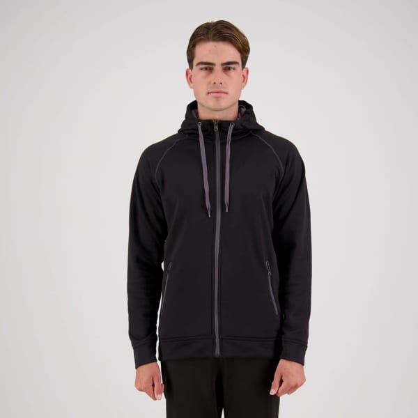 A black zip hoodie with a hood, featuring a branded logo and side pockets, displayed on a model.