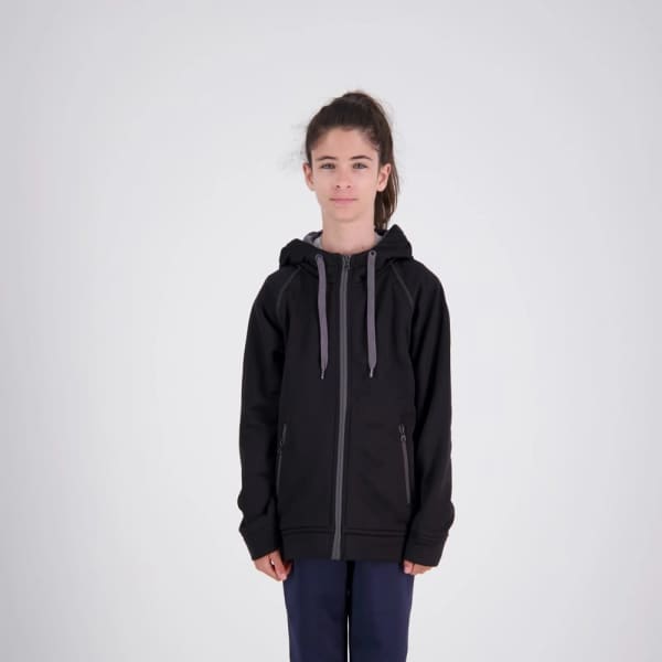A black zip-up hoodie features a grey drawstring, showcasing a simple design with side pockets and a logo.