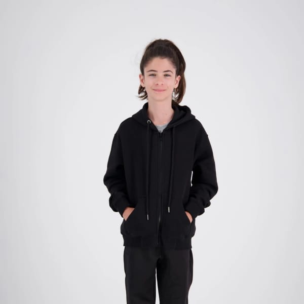 A black Campfire Hoodie for kids, featuring a zip front and pockets, displayed on a young model against a plain background.