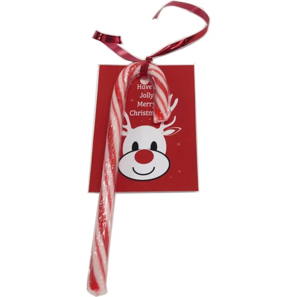 A red and white striped candy cane tied with a red ribbon, attached to a festive card featuring a reindeer face.
