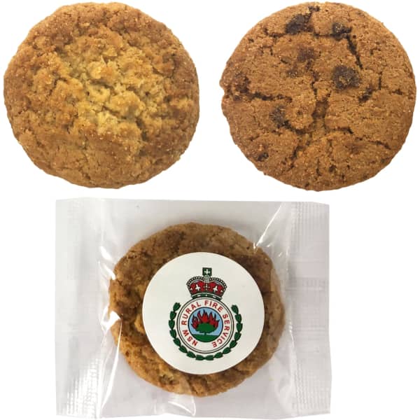 Mixed biscuits in a cello bag, featuring two types of cookies: a light and a dark brown cookie, both with a logo on the packaging.