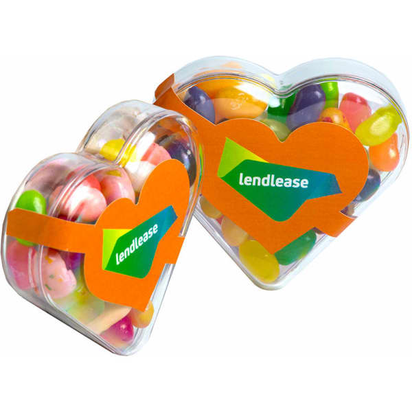 Acrylic heart-shaped container filled with colourful JELLY BELLY jelly beans, featuring a logo.
