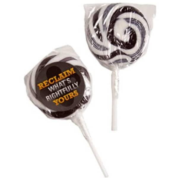 Medium black and white candy lollipops wrapped in clear packaging, featuring a logo.