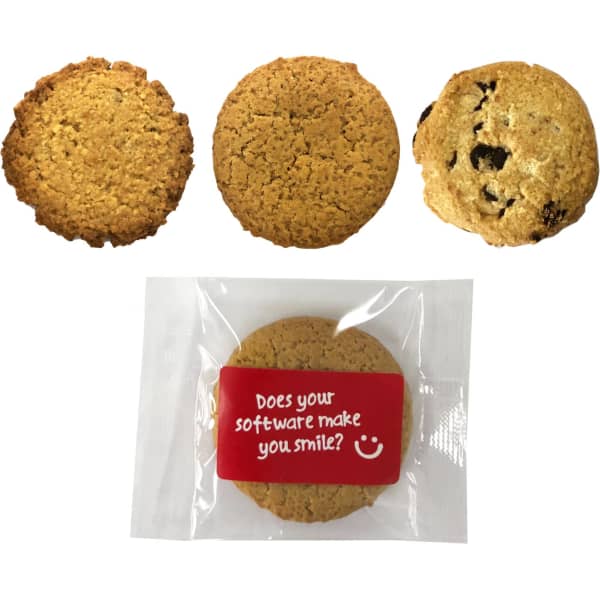 Gluten-free biscuits in a cello bag, featuring a variety of textures and colours, including a chocolate chip cookie.