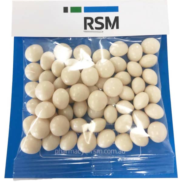 A blue bag containing numerous white mint candies, along with a logo on the top.