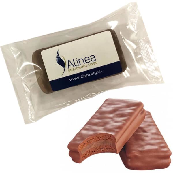 A chocolate-covered biscuit with a creamy centre, packaged in a plastic wrapper, featuring a logo.