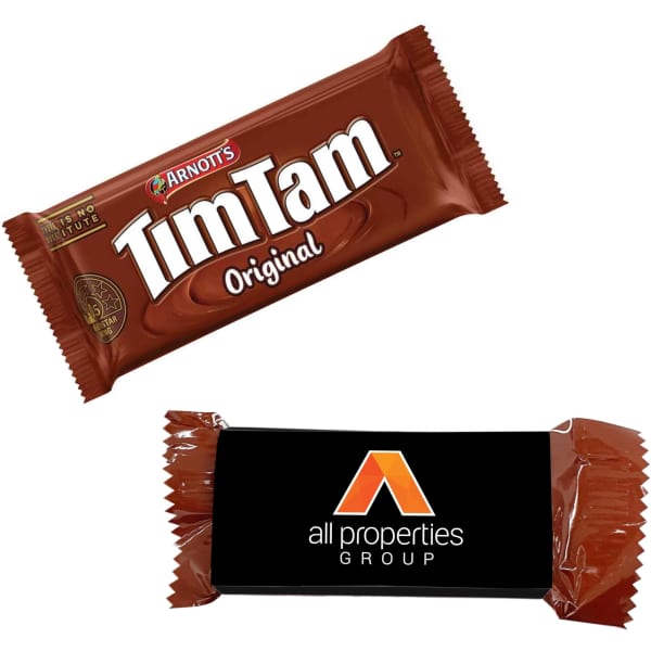 A Tim Tam biscuit in a brown wrapper with branding, displayed alongside a brown sleeve featuring a logo.