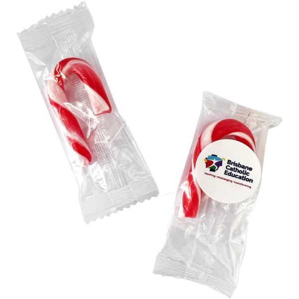 A pack containing red and white 5cm candy canes, wrapped individually with a logo.