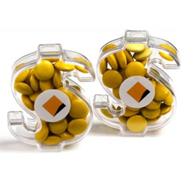 Acrylic dollar-shaped containers filled with yellow chocolate beans, featuring a logo on each.