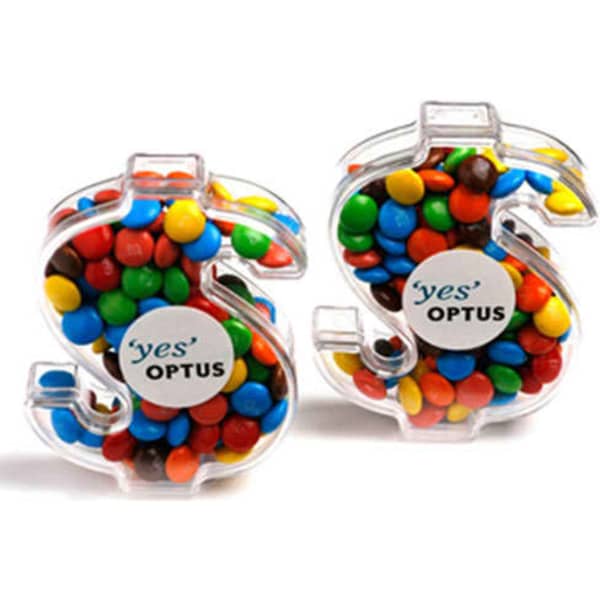Acrylic dollar-shaped container filled with colourful mini M&Ms, featuring a logo on the front.