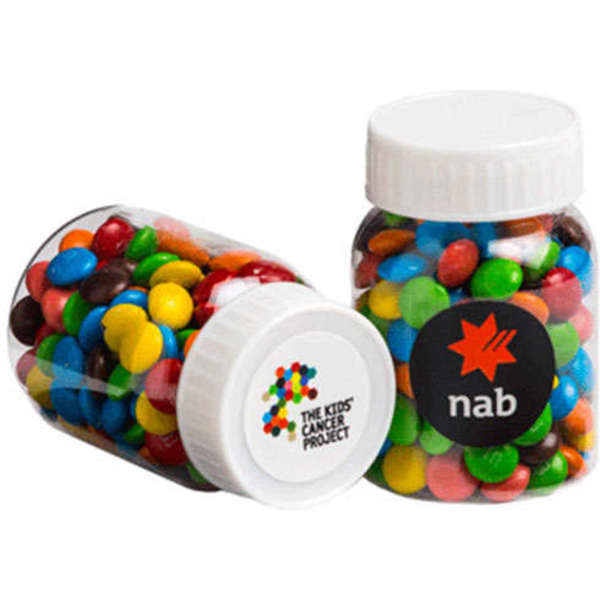 Two clear jars filled with colourful mini M&Ms, featuring a white lid and logos on one side.
