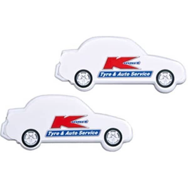 A car-shaped mint card in white, featuring a logo and wheels design. Two pieces are displayed together.