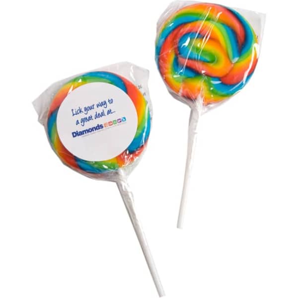 Two medium rainbow lollipops with vibrant swirls of blue, green, red, and yellow, each on a white stick.