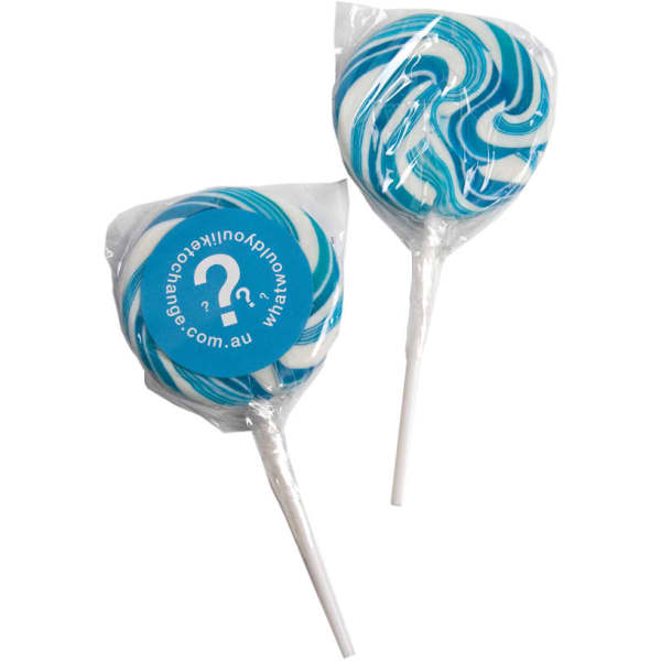 Two medium lollipops with a blue and white swirled design, wrapped in clear plastic with a logo on one.